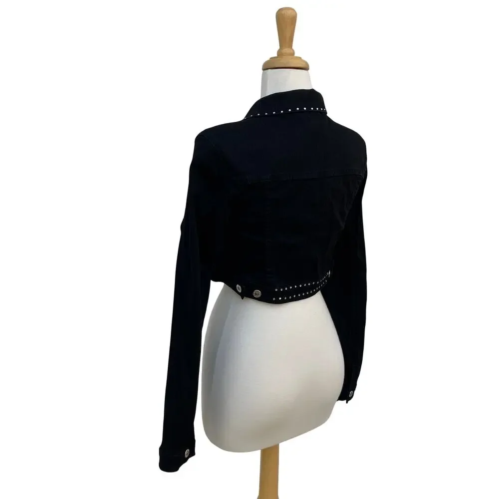 Judy Blue Denim Jacket XL 33” Black Rhinestone Cropped Stretch Western Cowgirl - Picture 5 of 11